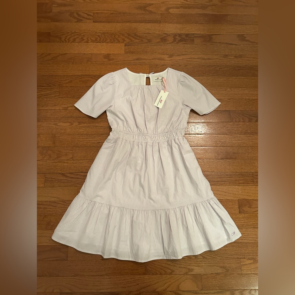 Vineyard Vines Girls Flutter Sleeve Poplin Dress Purple/White Stripe